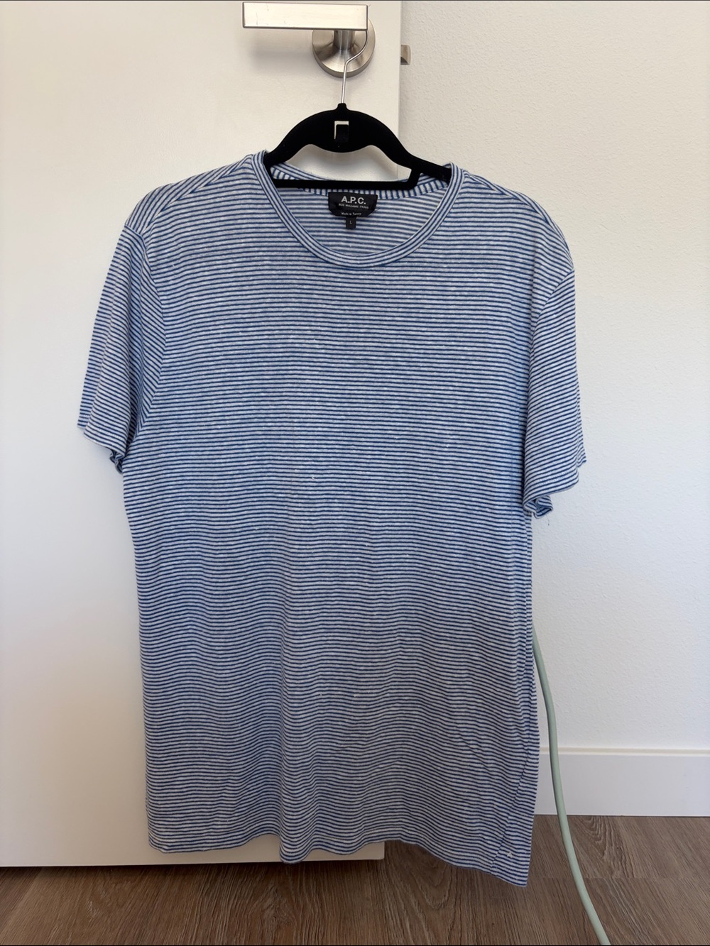 A.P.C. Men's Navy and White Striped Crew Tee